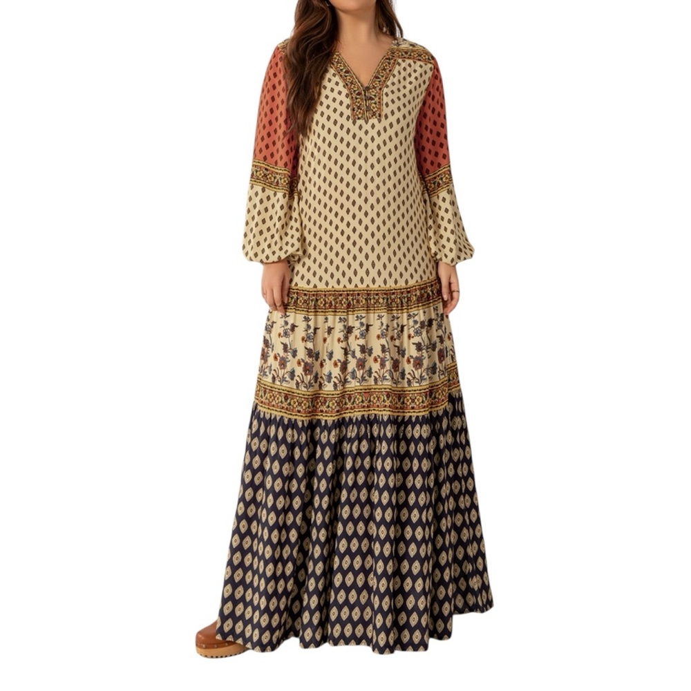 NEW Bohemian Printed Balloon Sleeve Maxi Dress Patterned Design Flowy Farmhouse